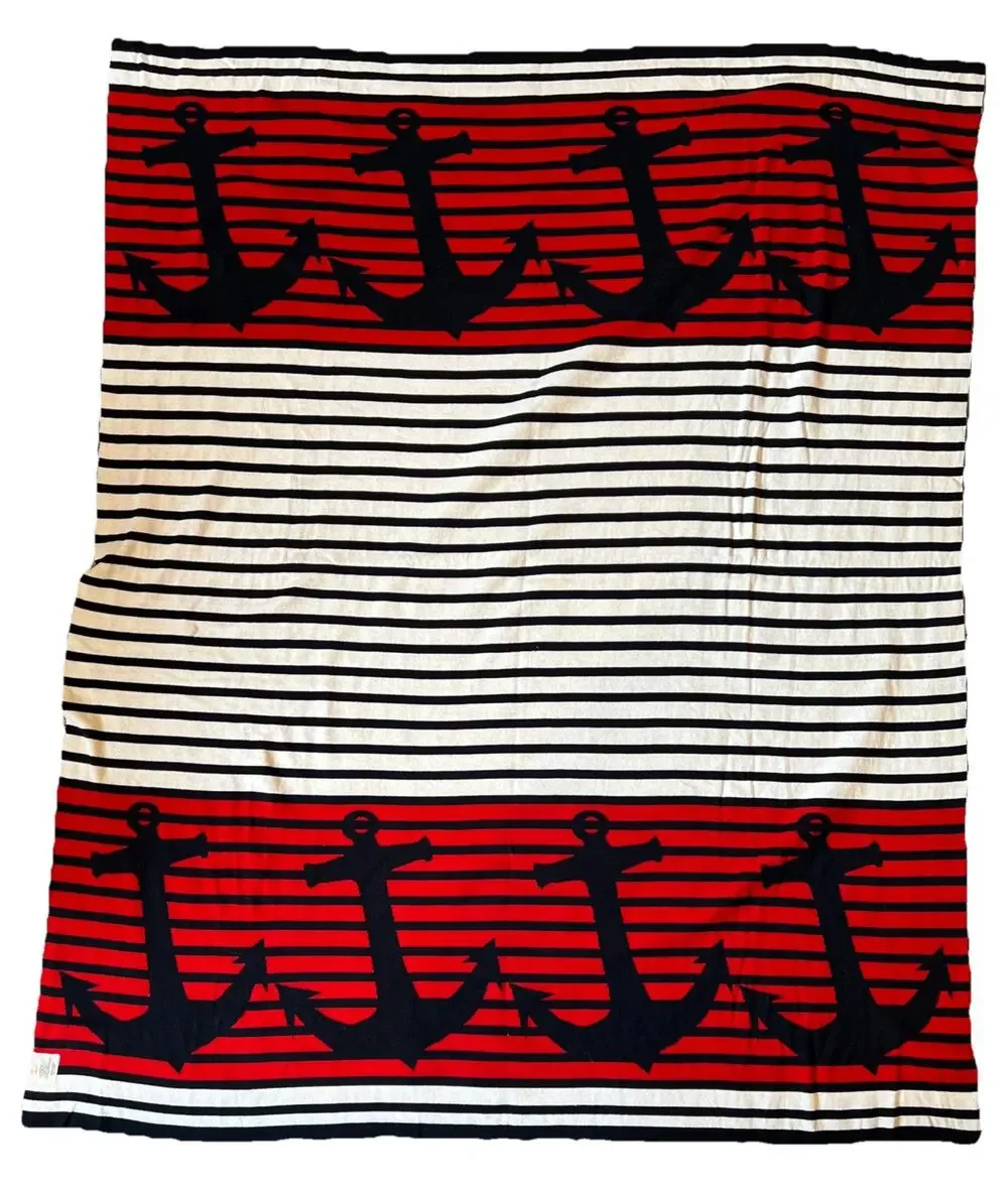 Nautical Throw Blanket 50x60 Knit Red White Blue Stripe Anchor Coastal Beach NEW